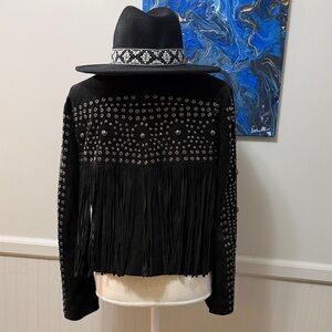 Lucky Brand Black Studded goat suede leather Open Front Jacket and Boho hat